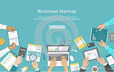 Businessman team discuss project startup, investment, financial planning, agreement, analysis data, realization, success. Document Vector Illustration