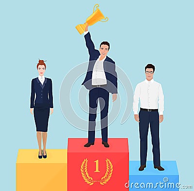 Businessman team leader on victory podium concept. Successful business champion. Vector Illustration