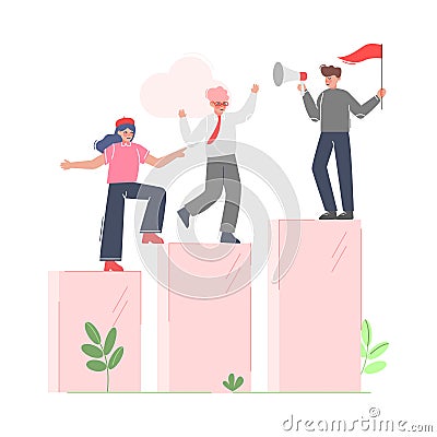 Businessman Teamleader Motivating his Collegues to Climb up to the Goal on Column of Columns, Moving up Motivation Vector Illustration