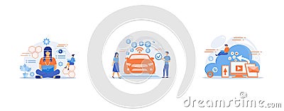 Businessman and technology measuring eye position and movement, tiny people, Business people paying in vehicle equiped with in-car Vector Illustration