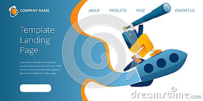 A businessman with a telescope is flying on a rocket. Vector illustration on the topic of finding success. Vector Illustration