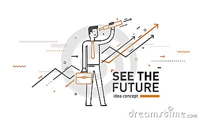 Businessman with telescope looking to the future. Vector Illustration