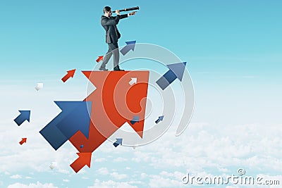 Businessman with telescope standing on abstract color arrows Stock Photo