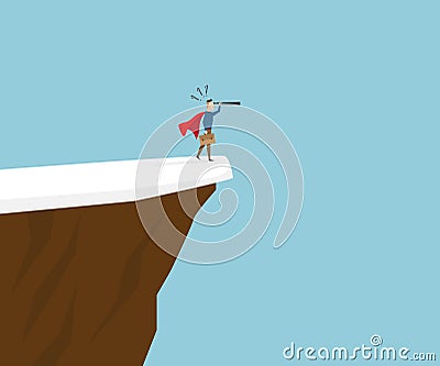 Businessman with telescope standing at cliff Vector Illustration