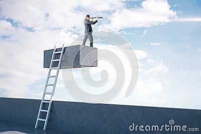 Businessman with telescope standing on concrete cube with ladder Stock Photo