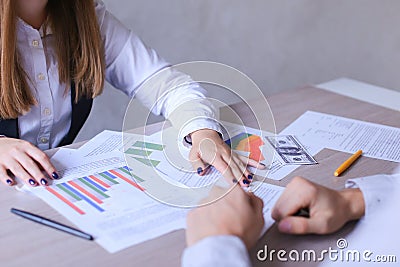 Businessman Tells Girl About Job. Man Shows Woman How to Work Wi Stock Photo