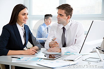Businessman tells to colleague about a new project Stock Photo