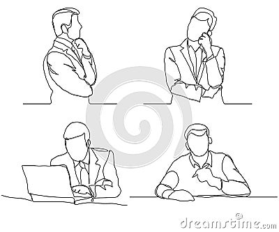 Businessman thinking linear design, continuous line, Thoughtful man with laptop outline. Vector Illustration