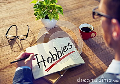 Businessman Thinking about Word Hobbies Stock Photo