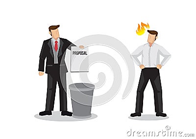 Businessman throwing idea, proposal or agreement into the trash can in front of the creator of the project. Isolated vector Vector Illustration