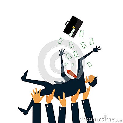 Businessman throwing the leader of business team up in the air and congratulating him with victory and success. Stock Photo