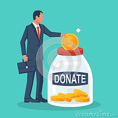 Businessman throws gold coin in a box for donations. Vector Illustration