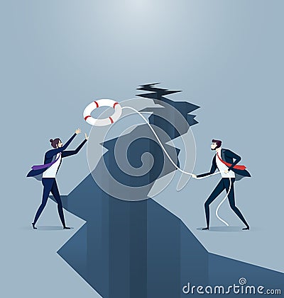 Businessman throws a Ring lifebuoy over a large earthquake crack to another businessman Vector Illustration