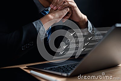 Businessman tick mark an assessment, questionnaire, evaluation, online survey online exam choosing the right answer in the exam, Stock Photo