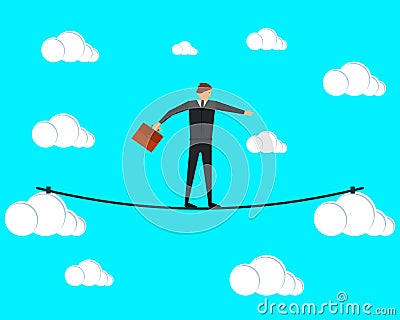 Businessman tightrope walker walking on a tightrope between the clouds. Vector illustration. Vector Illustration