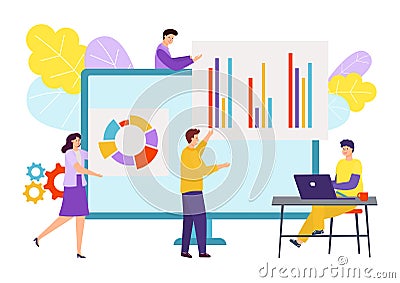 Businessman tiny employee hold business diagram presentation, company strategy analysis flat vector illustration Vector Illustration