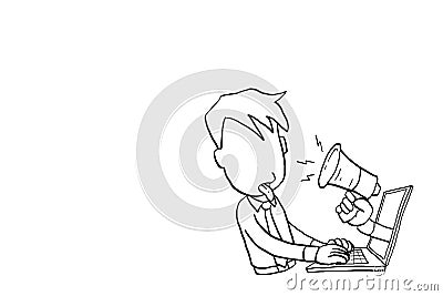 Businessman tired getting shouted and spammed with unnecessary online information. Vector Illustration