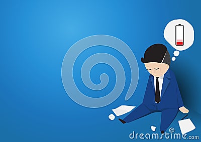 Businessman tired of working. Low battery Vector Illustration