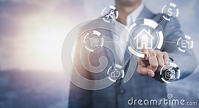 Businessman touch button Circular futuristic interface of smart home automation assistant on a virtual screen and a user touching Stock Photo