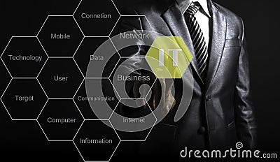 Businessman touch IT consultant presenting tag cloud about information Stock Photo