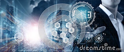 Businessman touch screen using AI for the big data analytics. Utilizing data driven Stock Photo