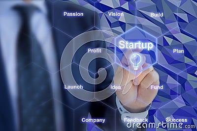 Businessman touches startup hexagon grid Stock Photo