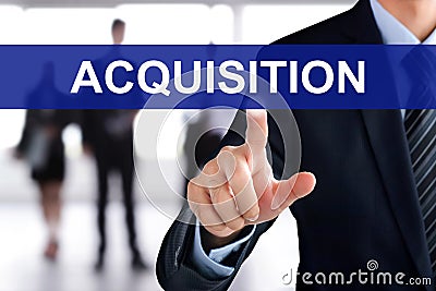 Businessman touching ACQUISITIONS sign on virtual screen Stock Photo