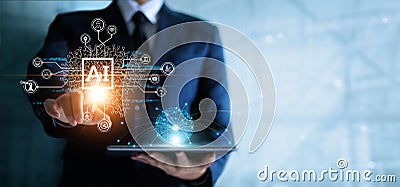 Businessman touching the brain working of Artificial Intelligence AI in the futuristic business and coding software development Stock Photo