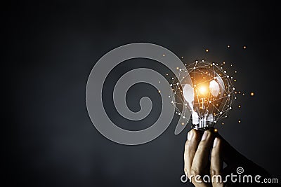Businessman Touching Bulb.Concept of Ideas for success.Concept with innovation inspiration.Success start from new ideas to Stock Photo