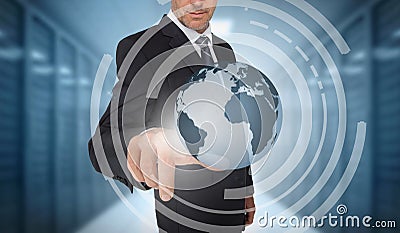 Businessman touching earth on futuristic interface Stock Photo