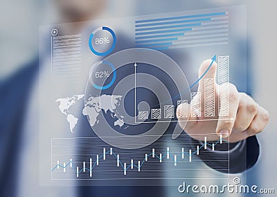 Businessman touching financial dashboard with key performance indicators Stock Photo