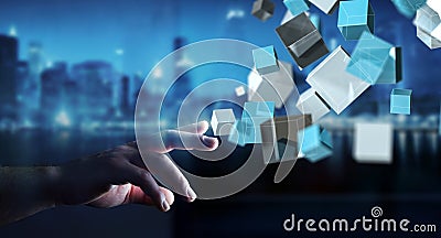Businessman touching floating blue shiny cube network 3D rendering Stock Photo