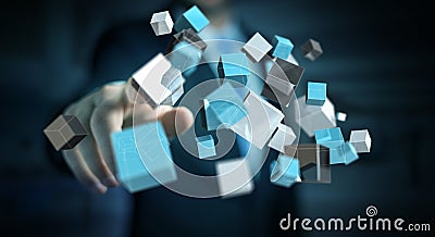 Businessman touching floating blue shiny cube network 3D rendering Stock Photo