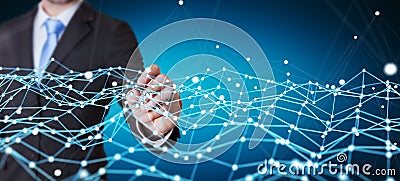 Businessman touching flying network dot 3D rendering Stock Photo
