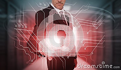 Businessman touching futuristic lock and circuit board interface Stock Photo