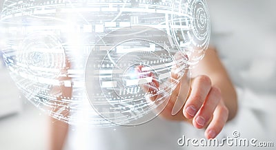 Businessman touching hologram sphere 3D rendering Stock Photo