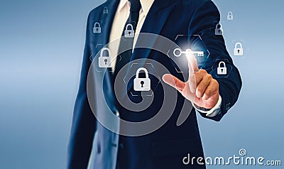 Businessman touching key virtual button.Concept of successful business or security. Stock Photo