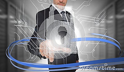 Businessman touching lock on futuristic interface with swirling lines Stock Photo