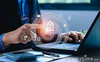 Businessman touching online banking and network connection icon, online payment, shopping and business digital technology on Stock Photo