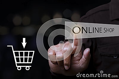 Businessman touching online shop button. e-commerce business online concept Stock Photo