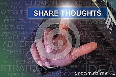 Businessman touching SHARE THOUGHTS button on virtual screen Stock Photo