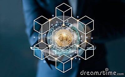 Businessman touching tablet. Bitcoin cryptocurrency with blockchain network connection and microcircuit icon on global virtual scr Stock Photo