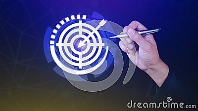 Businessman touching virtual dartboard with red arrow, Business Achievement objective target concept, setup business objective Stock Photo