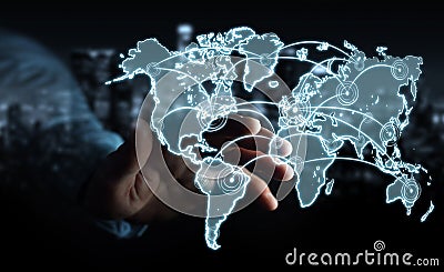 Businessman touching world connection sketch Stock Photo