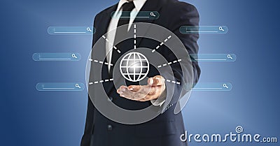 Businessman touching the world and search virtual button. Concept of global information and news can be easily linked together Stock Photo