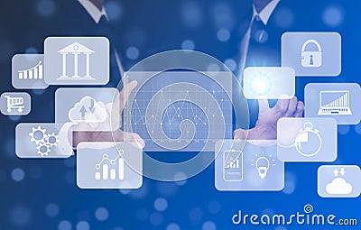 Businessman touchscreen on the graph Screen Icon of a media screen, Technology Process System Business with Communication and mark Stock Photo