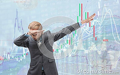 Businessman trader winner, in cash rain of dollars notes Stock Photo