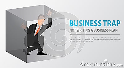 Flat businessman trapped inside uncomfortable small box. Claustrophobia. Fear of closed spaces. Business problems and failure at w Vector Illustration