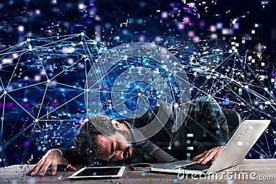 Businessman trapped in a technology network. Concept of internet addiction Stock Photo