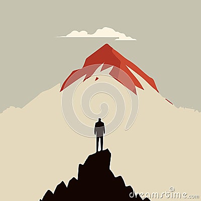 Businessman, traveler or man standing on peak mountain. Minimalist vector illustration Cartoon Illustration